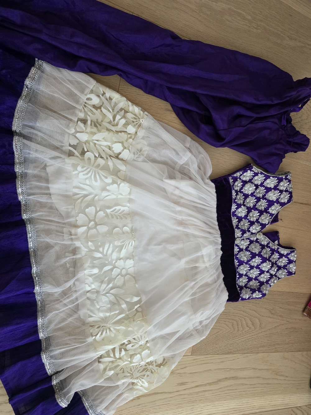 Girls' Indian Purple Ivory Party Dress with Velvet, Approx Size 5-8T